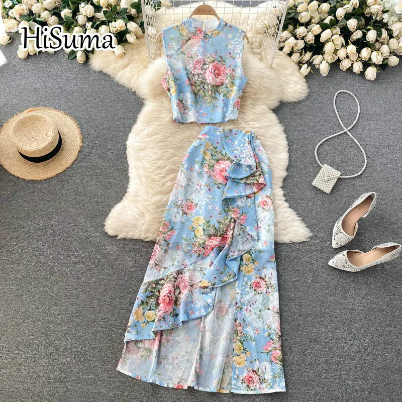 2021 summer new female stand flower print chiffon vest + high waist ruffles irregular skirt two-piece sets women sheath suits
2021 summer new female stand flower print chiffon vest + high waist ruffles irregular skirt two-piece sets women sheath suits