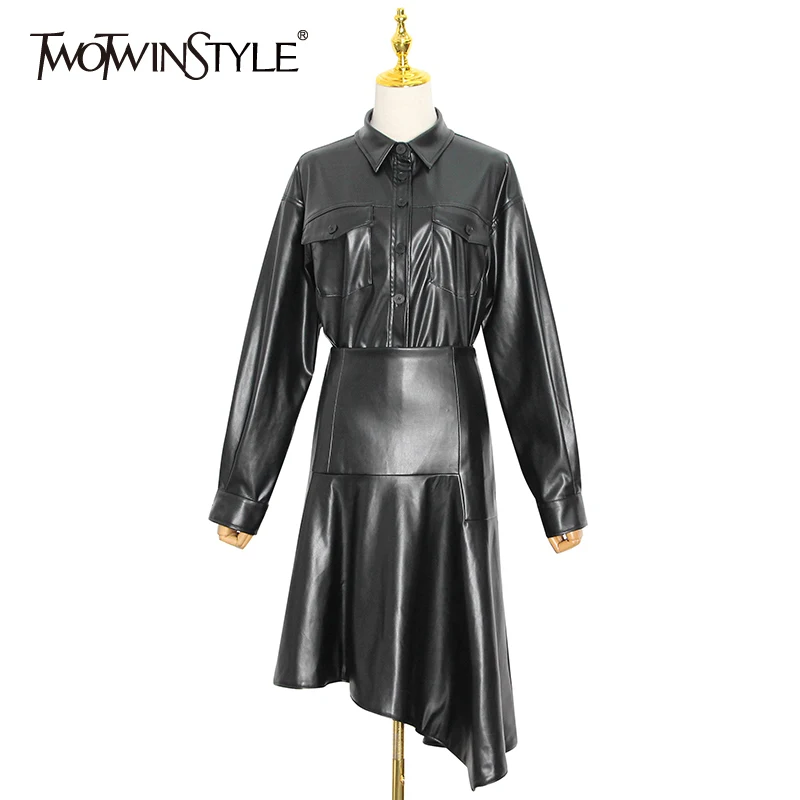 TWOTWINSTYLE Casual PU Leather Suit For Women Lapel Long Sleeve Tops High Waist Irregular Hem Black Sets Female Fashion New
TWOTWINSTYLE Casual PU Leather Suit For Women Lapel Long Sleeve Tops High Waist Irregular Hem Black Sets Female Fashion New