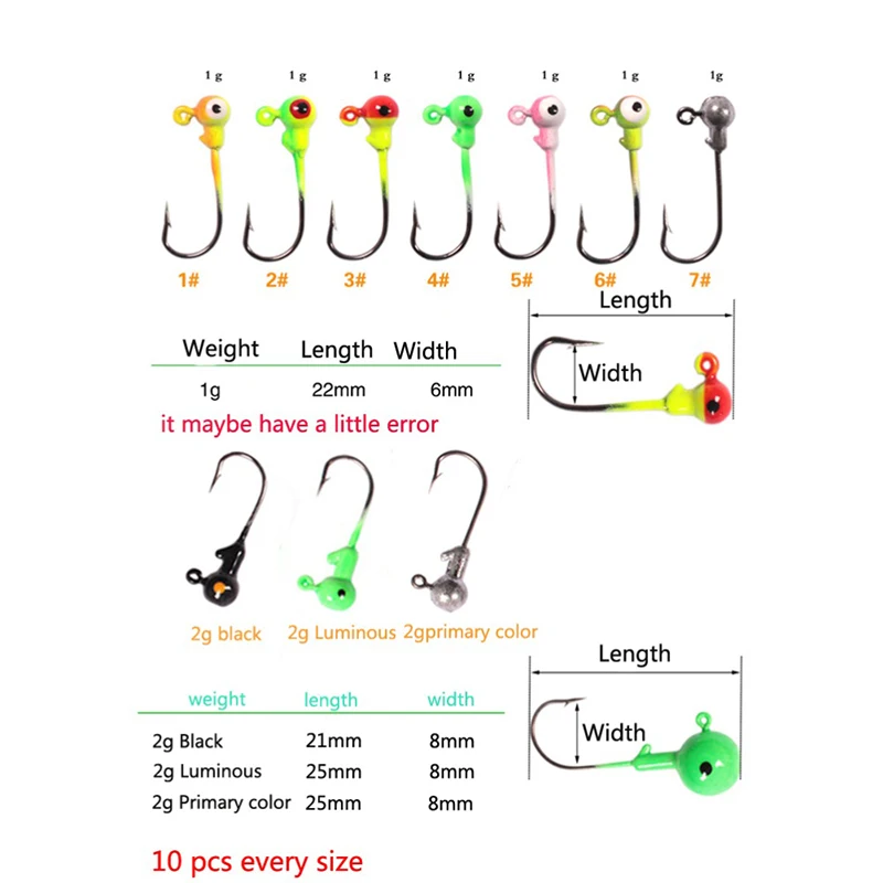 100pcs/Box 1g / 2g Multicolor Lead Head Jigs With Single Hook Pesca Accessories Colorful Lead Head Hook Soft Bait Set
100pcs/Box 1g / 2g Multicolor Lead Head Jigs With Single Hook Pesca Accessories Colorful Lead Head Hook Soft Bait Set
