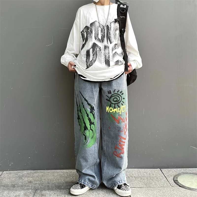 New summer Korean style loose graffiti print high waist straight wide leg trousers jeans women
New summer Korean style loose graffiti print high waist straight wide leg trousers jeans women