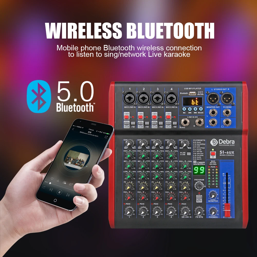 Дебра Pro 6 каналов DJ Controlle с 99DSP эффект реверберации Bluetooth 5 0 USB смеситель для