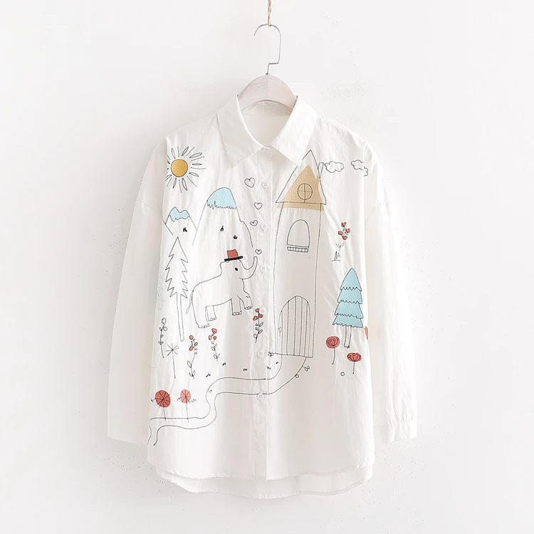 Japan Style Spring Autumn Women White Shirt Turn-Down Collar Cartoon Embroidery Loose Blusa Cute Kawaii Elegant Girl's Blouse
Japan Style Spring Autumn Women White Shirt Turn-Down Collar Cartoon Embroidery Loose Blusa Cute Kawaii Elegant Girl's Blouse