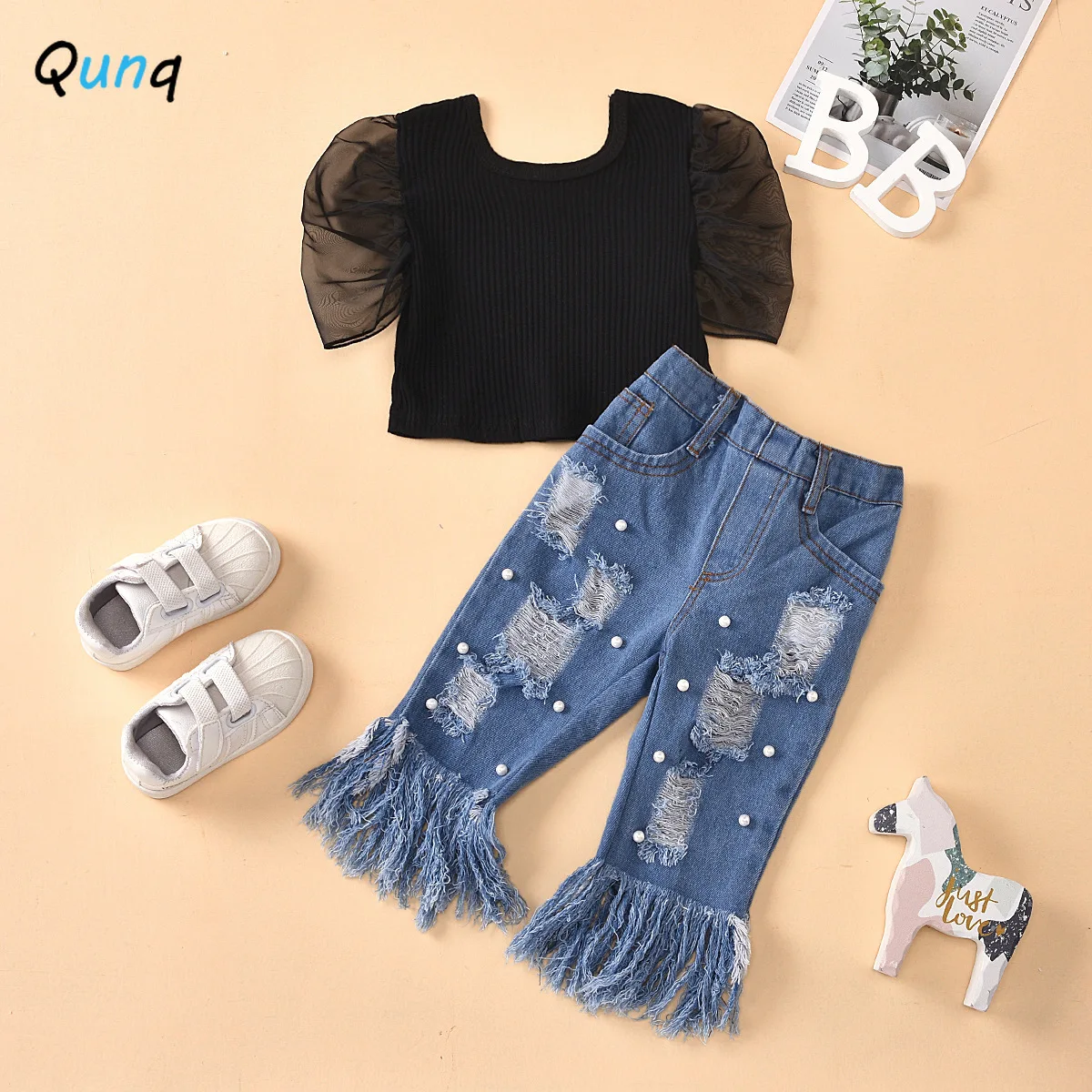 Qunq Girls Set Black Shirt Broken Hole Beads Burrs Jeans Kids Summer Clothes 2021 New Fashion Baby Toddler Children Suits 
Qunq Girls Set Black Shirt Broken Hole Beads Burrs Jeans Kids Summer Clothes 2021 New Fashion Baby Toddler Children Suits