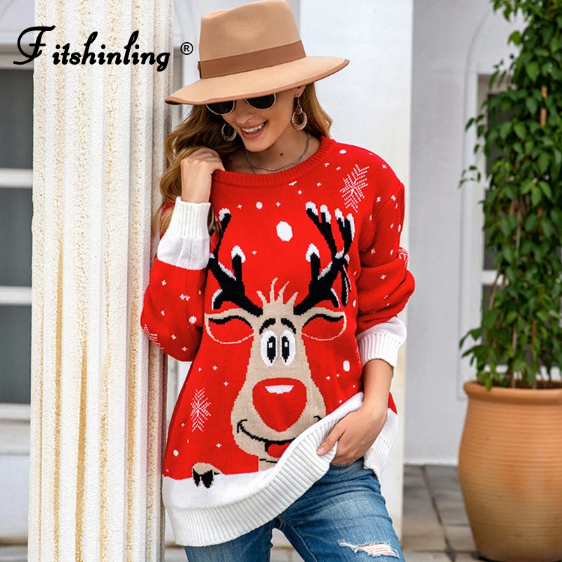 

Fitshinling Deer Christmas Sweater Ugly Jumper Knitwear Snowflake Red Pull Femme Winter Women Clothing Fashion Slim Knitted Tops