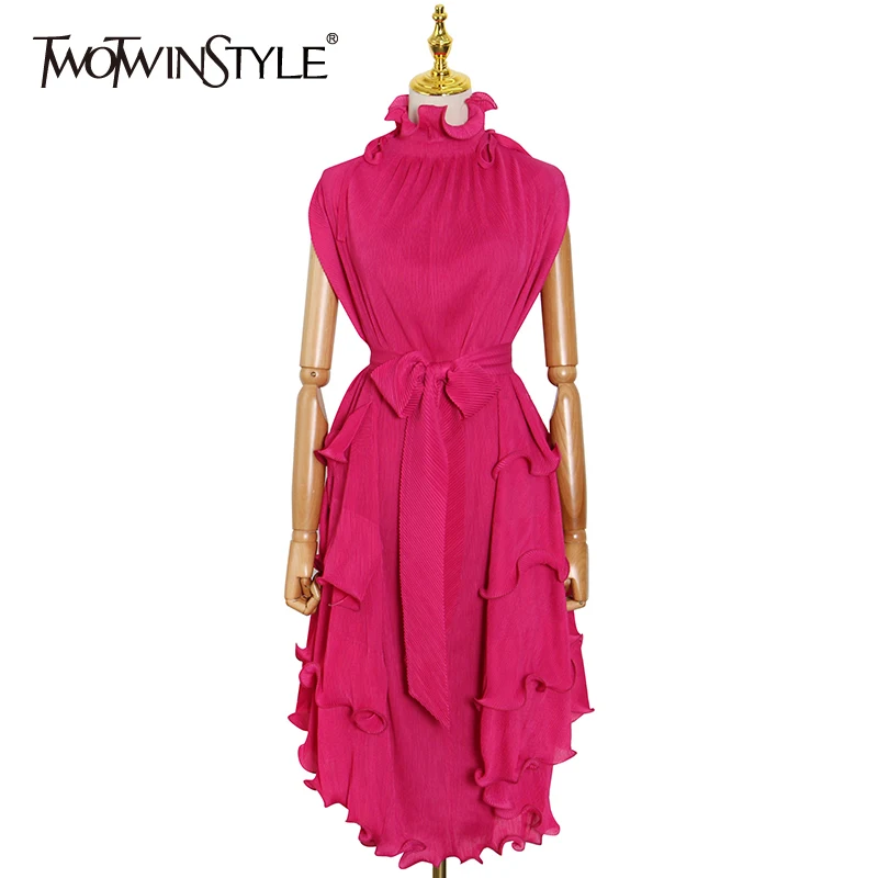 TWOTWINSTYLE Party Dress For Women Stand Collar Short Sleeve Ruched Bandage Loose Solid Dresses Female 2021 Summer Clothing New
TWOTWINSTYLE Party Dress For Women Stand Collar Short Sleeve Ruched Bandage Loose Solid Dresses Female 2021 Summer Clothing New