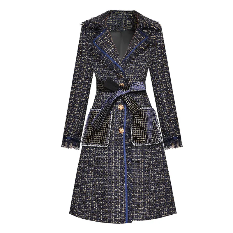 Женское шерстяное пальто с бахромой, дизайнерская однобортная ветровка в клетку с длинным рукавом, Длинные твидовые пальто на осень 
Женское шерстяное пальто с бахромой, дизайнерская однобортная ветровка в клетку с длинным рукавом, Длинные твидовые пальто на осень