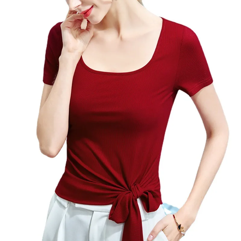 Bandage short sleeve T-shirt women's summer wear 2021 new Korean solid color T-shirt t-elastic Fashion Square Neck Top 
Bandage short sleeve T-shirt women's summer wear 2021 new Korean solid color T-shirt t-elastic Fashion Square Neck Top