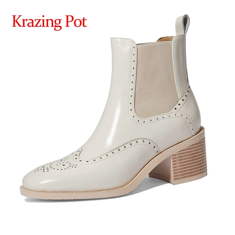 Krazing Pot British style Chelsea boots natural leather round toe high heels carving beauty lady casual slip on ankle boots L75
Krazing Pot British style Chelsea boots natural leather round toe high heels carving beauty lady casual slip on ankle boots L75