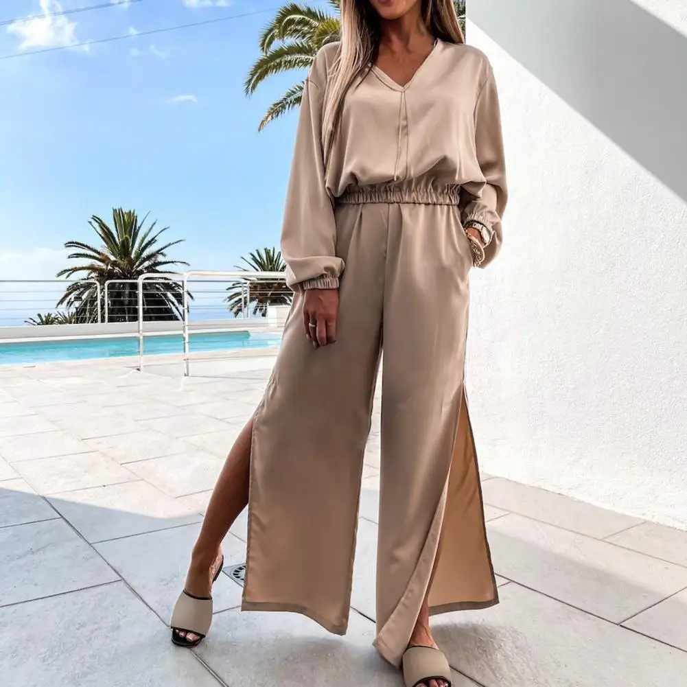 Women Spring Tracksuit Casual Sets Fashion Loose V Neck Pullover Top Elastic Waist Split Long Pants Summer Elegant Satin Outfit
Women Spring Tracksuit Casual Sets Fashion Loose V Neck Pullover Top Elastic Waist Split Long Pants Summer Elegant Satin Outfit