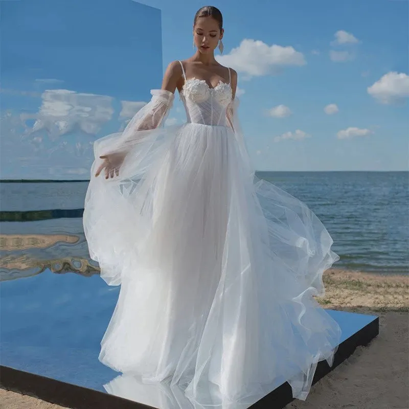 Sexy Spaghetti Straps Sweetheart Princess Beach Wedding Dresses Puff Sleeve Boho Bride dresses Corset Vestidos de novia 2022
Sexy Spaghetti Straps Sweetheart Princess Beach Wedding Dresses Puff Sleeve Boho Bride dresses Corset Vestidos de novia 2022