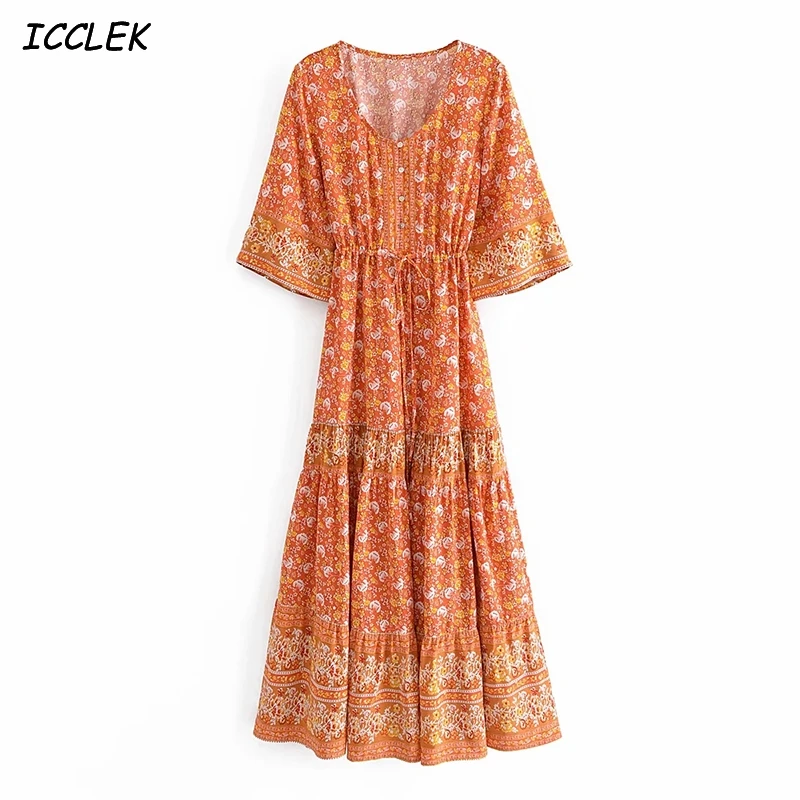 Women's Dresses Lace Up India Folk Vintage printed V neck Long Dress Vacation Party Vestidos Ladies 2021 Summer ZA TRF 
Women's Dresses Lace Up India Folk Vintage printed V neck Long Dress Vacation Party Vestidos Ladies 2021 Summer ZA TRF