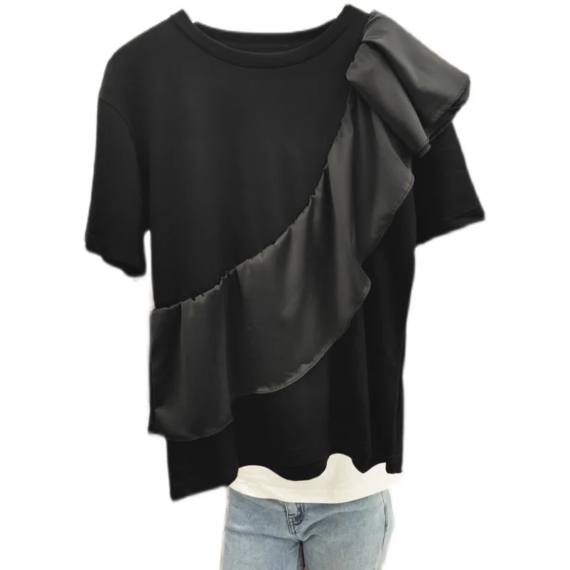 Fashion Pleated Ruffled Patch Short Sleeve T-shirt Women 2021 Summer Korean Style Loose Round Neck Irregular Top Lady Tees
Fashion Pleated Ruffled Patch Short Sleeve T-shirt Women 2021 Summer Korean Style Loose Round Neck Irregular Top Lady Tees