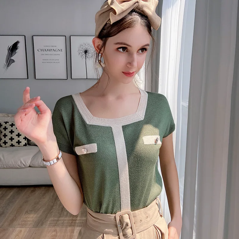 Dabuwawa Square Collar Patchwork Knitted T Shirts Women Slim fit Short Sleeve Casual Solid Tees Tops Female DT1BJS003
Dabuwawa Square Collar Patchwork Knitted T Shirts Women Slim fit Short Sleeve Casual Solid Tees Tops Female DT1BJS003