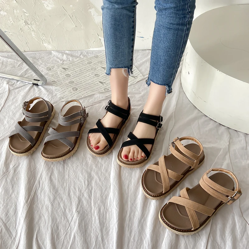 

Roman Sandals Fashion Womens Shoes 2021 Strappy Heels Cross Clogs Wedge Cross-Shoes Suit Female Beige Med Gladiator Luxury Girl