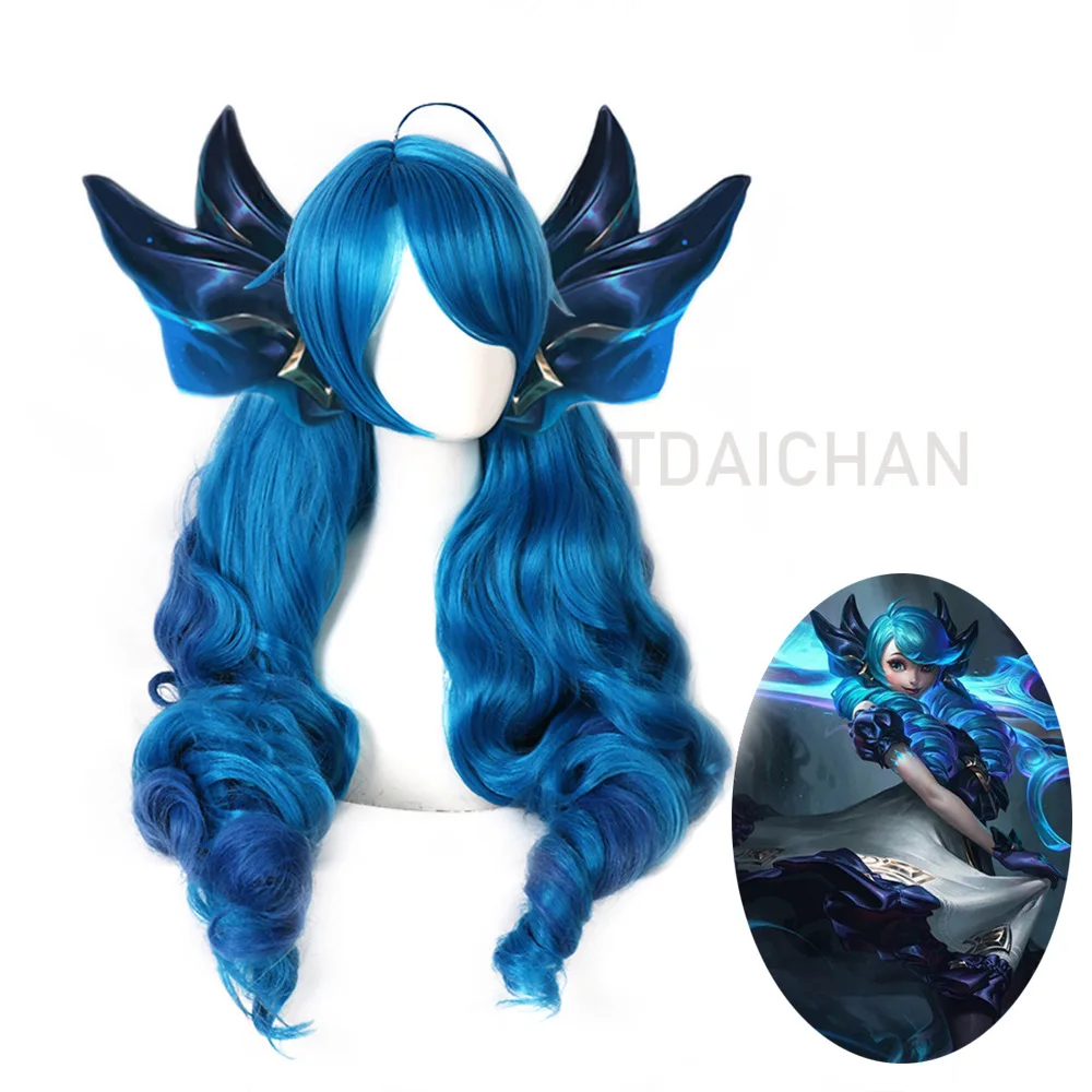 

Game LOL Gwen WIG Cosplay Props Wig Blue Wavy Side Part Gwen Wig with Bangs Ponytails Synthetic Hair for Halloween Party