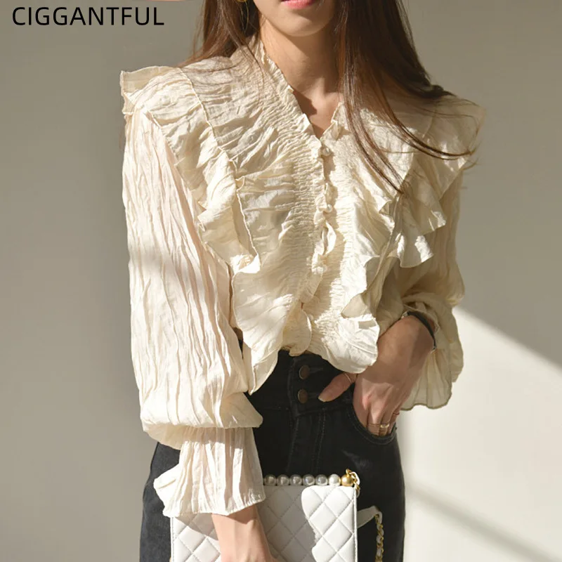 Spring Autumn Gentle Top V Neck Small Breasted Folds Ruffled Stitching Flared Sleeve Shirt Fashion Elegant Korean Chic Blouses
Spring Autumn Gentle Top V Neck Small Breasted Folds Ruffled Stitching Flared Sleeve Shirt Fashion Elegant Korean Chic Blouses
