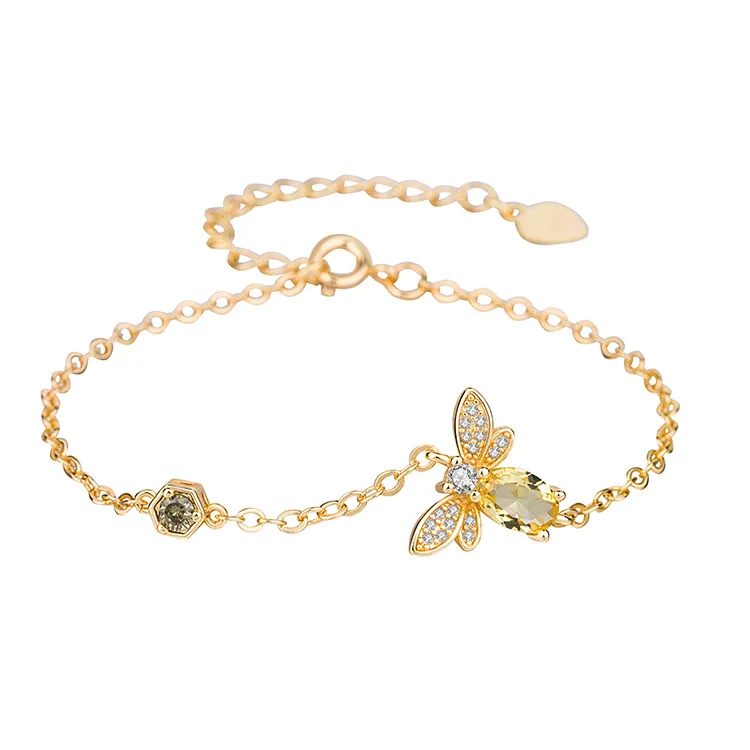 Elegance Yellow Cubic Zirconia Bee Charm Bracelets for Women Gold Chain Crystal Bracelet Adjustable Animal Femme Jewelry | Украшения и