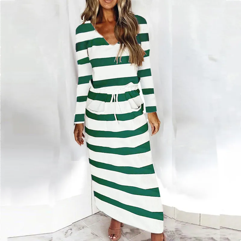 Casual Pockets Pullover Maxi Dresses For Women 2021 Fall Winter Women's V-Neck Loose Print Striped Long-Sleeved One-Piece Dress
Casual Pockets Pullover Maxi Dresses For Women 2021 Fall Winter Women's V-Neck Loose Print Striped Long-Sleeved One-Piece Dress