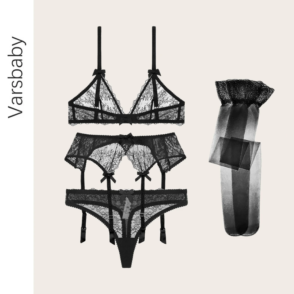 Varsbaby new arrival sexy lace transparent unlined deep V underwear set bra+thongs+garters+stockings 4 pcs
Varsbaby new arrival sexy lace transparent unlined deep V underwear set bra+thongs+garters+stockings 4 pcs