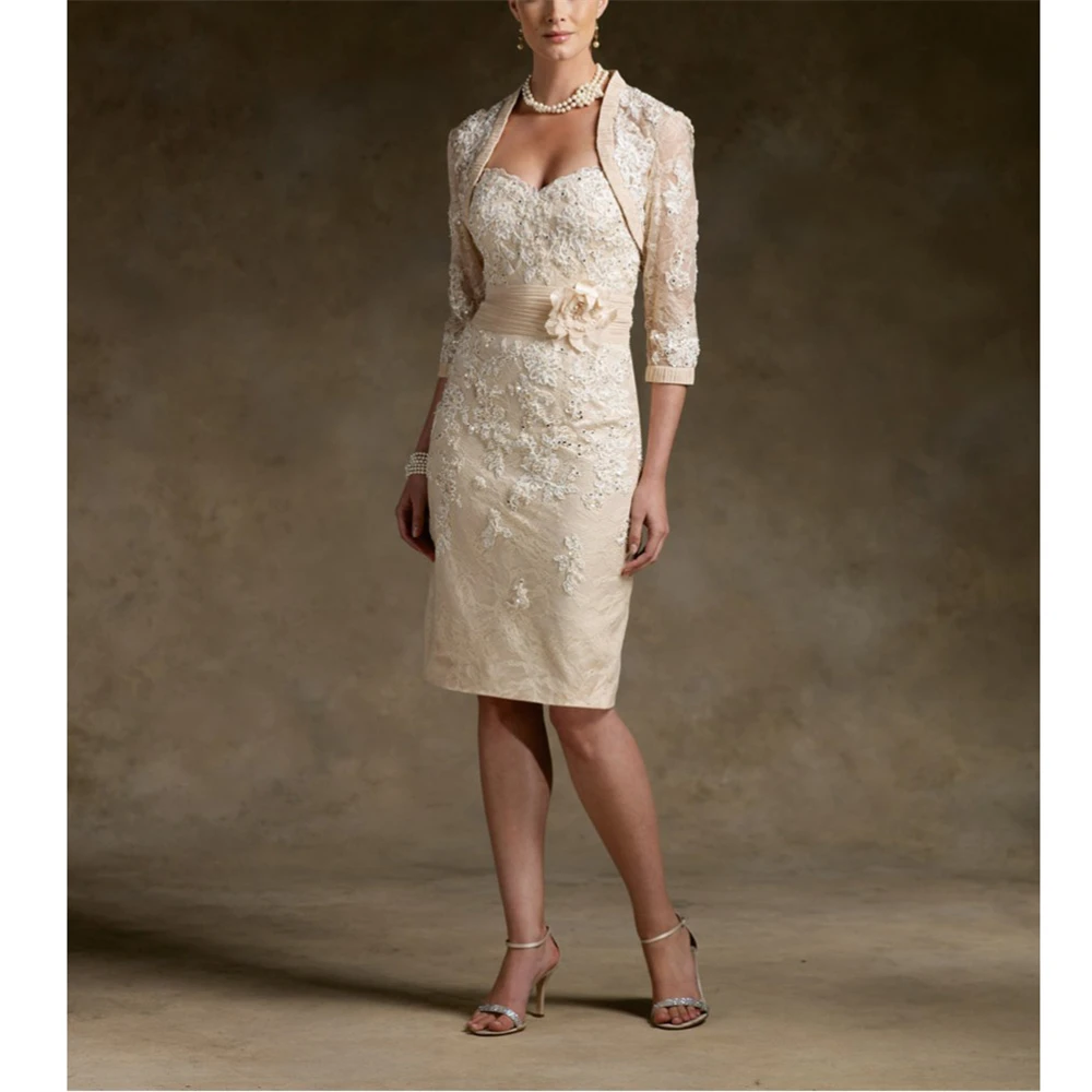 Champange Lace Appliques Handworks Mother Of Bride Half Sleeves Lace Knee Length Flowers Lace Sash Vestido De Madrinas Largos
Champange Lace Appliques Handworks Mother Of Bride Half Sleeves Lace Knee Length Flowers Lace Sash Vestido De Madrinas Largos