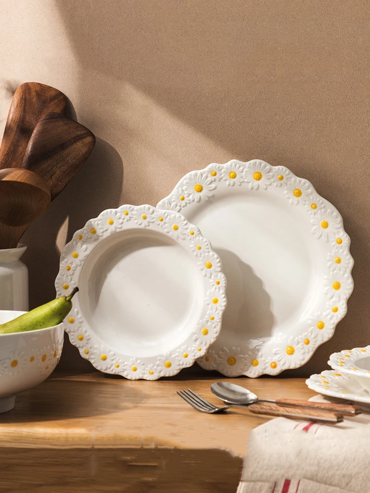 Ceramic Embossed Daisy Dinner Set Plate And Dishes Household Soup Bake Bowl Creative Crockery Tableware
Ceramic Embossed Daisy Dinner Set Plate And Dishes Household Soup Bake Bowl Creative Crockery Tableware
