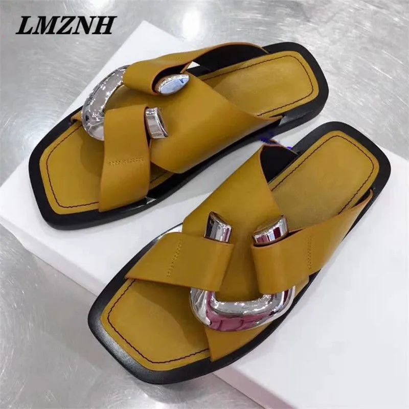 LMZNH High-End Retro Woman Slides Genuine Leather Metal Decoration Square Toe Summer Woman Slippers All-match Flat Casual Shoes
LMZNH High-End Retro Woman Slides Genuine Leather Metal Decoration Square Toe Summer Woman Slippers All-match Flat Casual Shoes