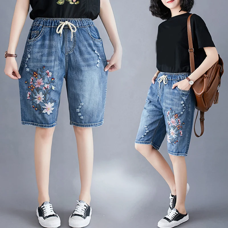 Women Summer Half Denim Shorts Retro Style Elastic Waist Floral Embroidered Drawstring Ripped Shorts Female Casual Denim Shorts
Women Summer Half Denim Shorts Retro Style Elastic Waist Floral Embroidered Drawstring Ripped Shorts Female Casual Denim Shorts