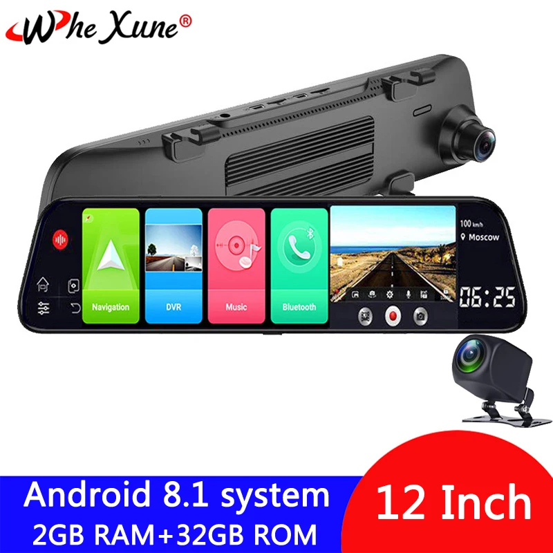WHEXUNE новинка Android 8 1 12 дюймов 4G Автомобильный видеорегистратор Full HD двойной 1080 P