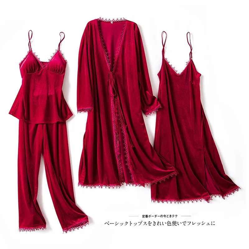 New Women's 4 Pieces Pajamas Set Gold Velvet Warm Winter Sleepwear Suit Ladies Sexy Lace Robe Nightwear Kit With Chest Pads 
New Women's 4 Pieces Pajamas Set Gold Velvet Warm Winter Sleepwear Suit Ladies Sexy Lace Robe Nightwear Kit With Chest Pads