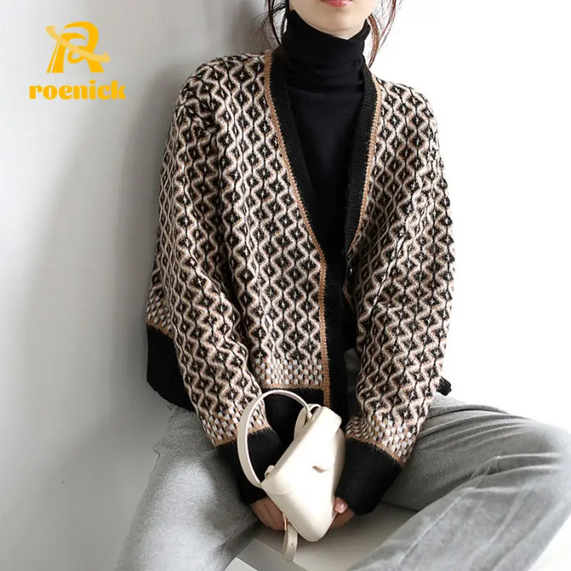 

ROENICK Women V Neck Fashion Argyle Cardigans Sweaters Female Autumn Winter Vintage Long Sleeve Knitted Clothes Loose Knitwear