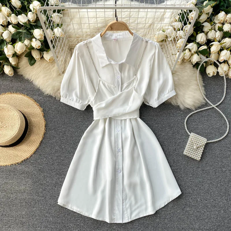 YIZZHOY Summer New Women Vintage Turn-down Collar Lace Up Dress Fake Two-piece Chain Camisole Strap High Waist Slim Dress
YIZZHOY Summer New Women Vintage Turn-down Collar Lace Up Dress Fake Two-piece Chain Camisole Strap High Waist Slim Dress