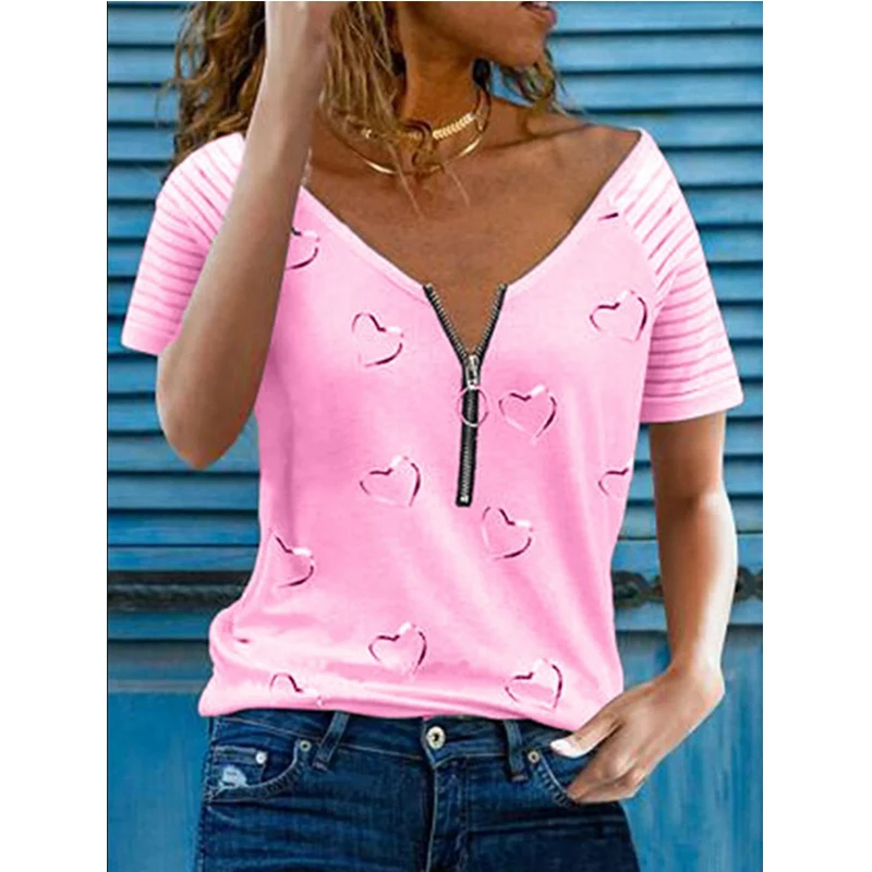 Women's Printed T Shirt V Neck Zipper Casual Loose Short Sleeve Top Summer Fashion Sexy Plus Size Clothing
Women's Printed T Shirt V Neck Zipper Casual Loose Short Sleeve Top Summer Fashion Sexy Plus Size Clothing