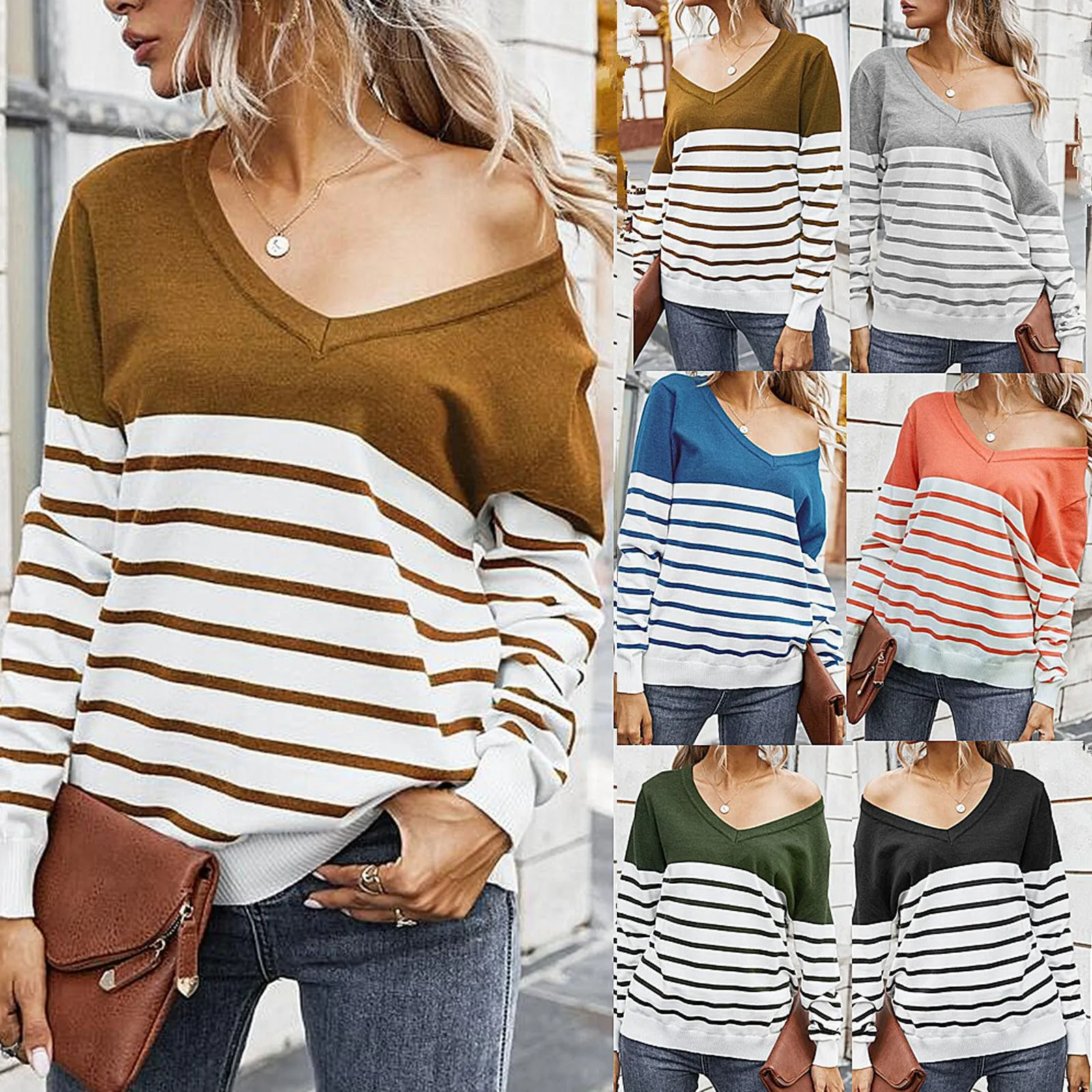 Women’s Sweater Casual Streetwear Long Sleeve Stripe Print Color Block Loose Pullover Tops Knitted Jumper jersey mujer | Женская