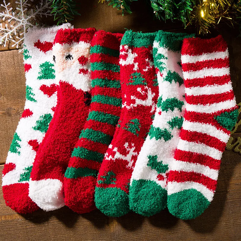 

Рождественские женские носки, носки до середины икры из кораллового флиса с принтом Санта-Клауса, толстые носки для пола, зимние теплые носк...