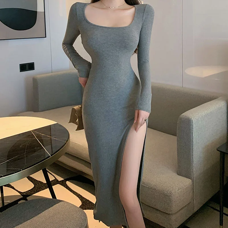 Autumn Korean Sexy Long Sleeve Fashion Women Dress Vintage Casual Solid Color Slim Waist Split Fork Chic Design Female Sundress
Autumn Korean Sexy Long Sleeve Fashion Women Dress Vintage Casual Solid Color Slim Waist Split Fork Chic Design Female Sundress