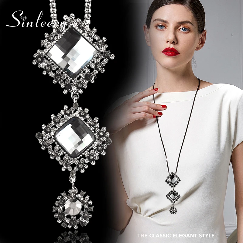 

SINLEERY Vintage Gray Cubic Zircon Square Pendant Necklace Black Long Chain Women Statement Maxi Jewelry Accessories ZD1 SSO