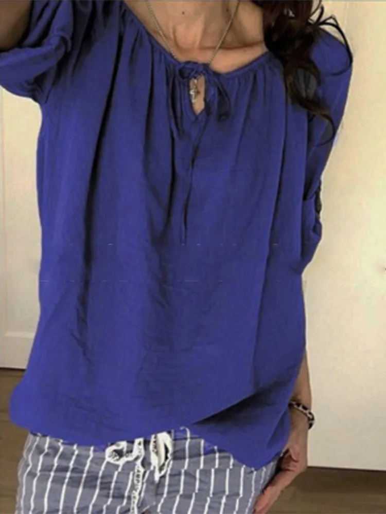 2021 solid color fashion V-neck tie short sleeve loose pullover women's T-shirt
2021 solid color fashion V-neck tie short sleeve loose pullover women's T-shirt