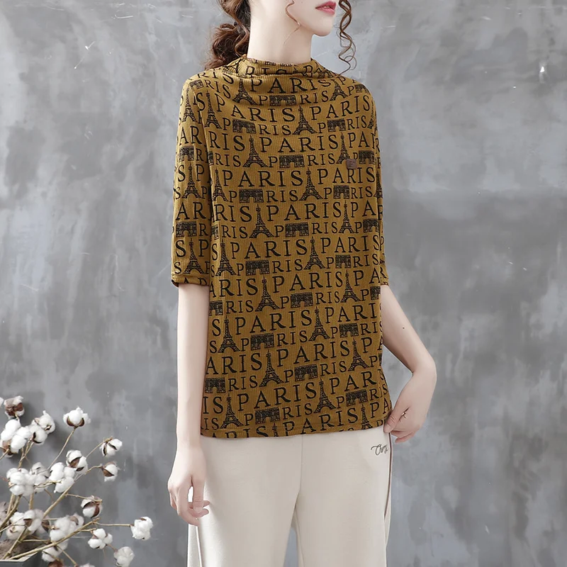 Feather embroidery self-made leisure letter printing thread cotton knitted semi high neck T-shirt women's autumn new bottoming 
Feather embroidery self-made leisure letter printing thread cotton knitted semi high neck T-shirt women's autumn new bottoming