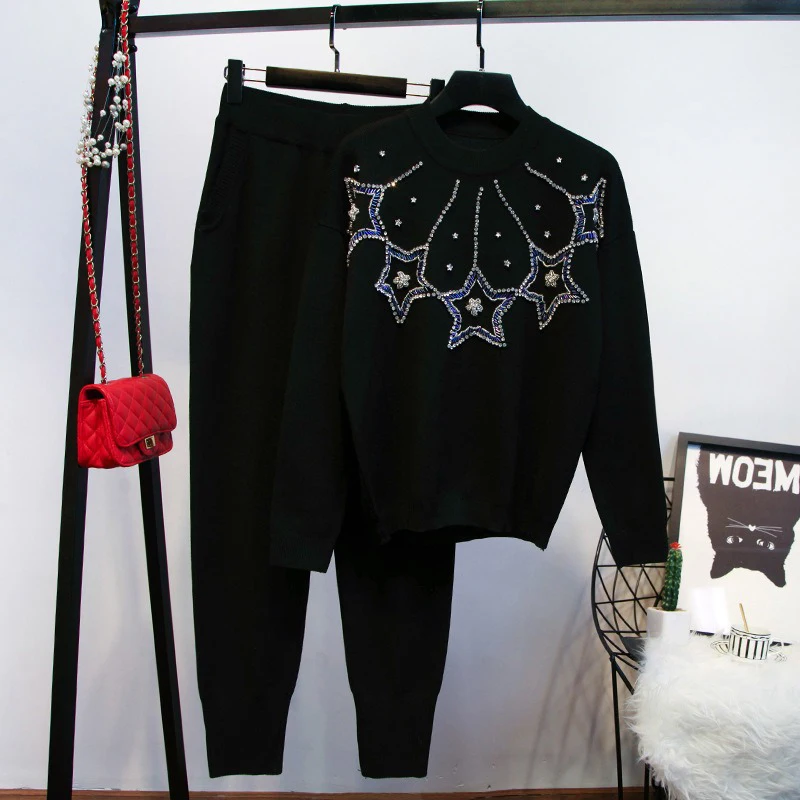 Women Two Piece Set Pullover Sweater Rhinestone Embellished Female Knitwear Fashion Star Design Winter Outfits Knit Suit Co Ord
Women Two Piece Set Pullover Sweater Rhinestone Embellished Female Knitwear Fashion Star Design Winter Outfits Knit Suit Co Ord