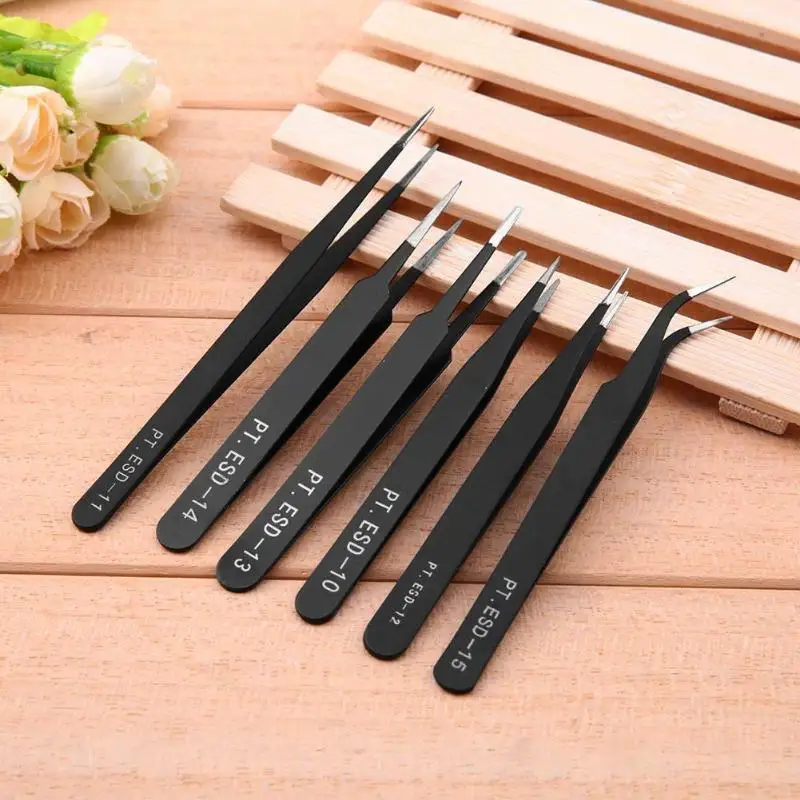 6Pcs/Set Tweezers Tool ESD 10-15 Safe Anti-static Stainless Steel Soldering Tweezers Tools Set for Soldering Station with Bag
6Pcs/Set Tweezers Tool ESD 10-15 Safe Anti-static Stainless Steel Soldering Tweezers Tools Set for Soldering Station with Bag