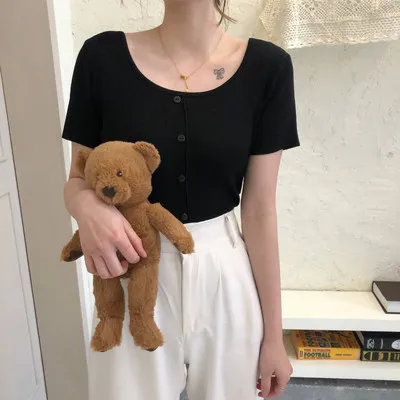 han Ladies Summer U-neck Sexy Clavicle Slim Simple Single-breasted Short Sleeve Knit T-shirt Top 
han Ladies Summer U-neck Sexy Clavicle Slim Simple Single-breasted Short Sleeve Knit T-shirt Top