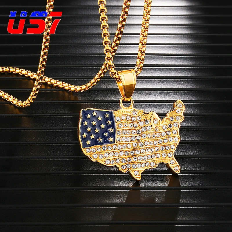 US7 Iced Out Американский флаг карта ожерелья с подвесками для мужчин из нержавеющей