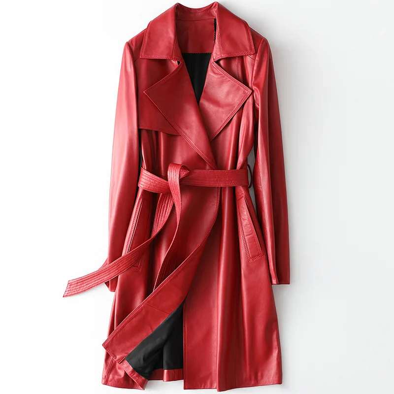 Spring Autumn Long Women Slim Belted Natural sheepskin Black Dress Loose Coat Lady Outerwear Fashion Genuine Leather Windbreaker 
Spring Autumn Long Women Slim Belted Natural sheepskin Black Dress Loose Coat Lady Outerwear Fashion Genuine Leather Windbreaker