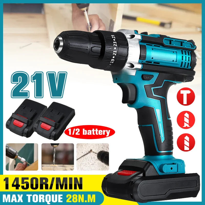 21V Cordless Impact Drill Electric Screwdriver Hammer Drill 25+3 Turque Power Screw Driver Tools with 2 Li-ion Battery
21V Cordless Impact Drill Electric Screwdriver Hammer Drill 25+3 Turque Power Screw Driver Tools with 2 Li-ion Battery