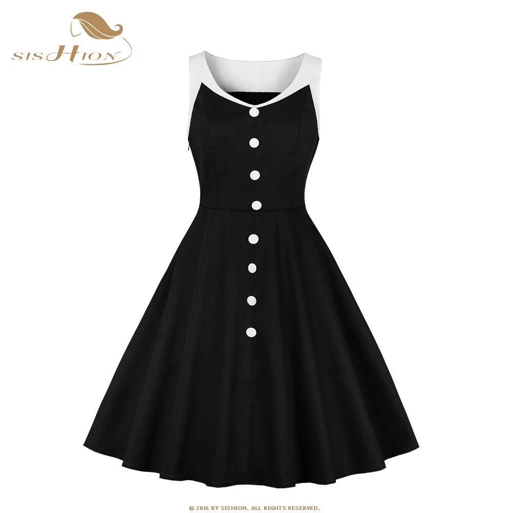 SISHION 50s Retro Dress Women Elegant Sleeveless Black Summer Dress New single-breasted High Waist Hepburn style Dresses SP1151
SISHION 50s Retro Dress Women Elegant Sleeveless Black Summer Dress New single-breasted High Waist Hepburn style Dresses SP1151
