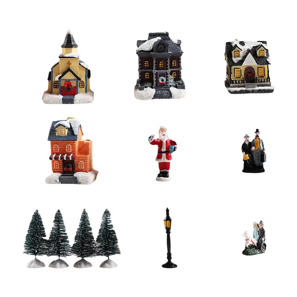 12PCS Christmas Scene Village House Statue With LED Light Winter Snow Landscape Resin Miniature Building Merry Christmas Decor
12PCS Christmas Scene Village House Statue With LED Light Winter Snow Landscape Resin Miniature Building Merry Christmas Decor