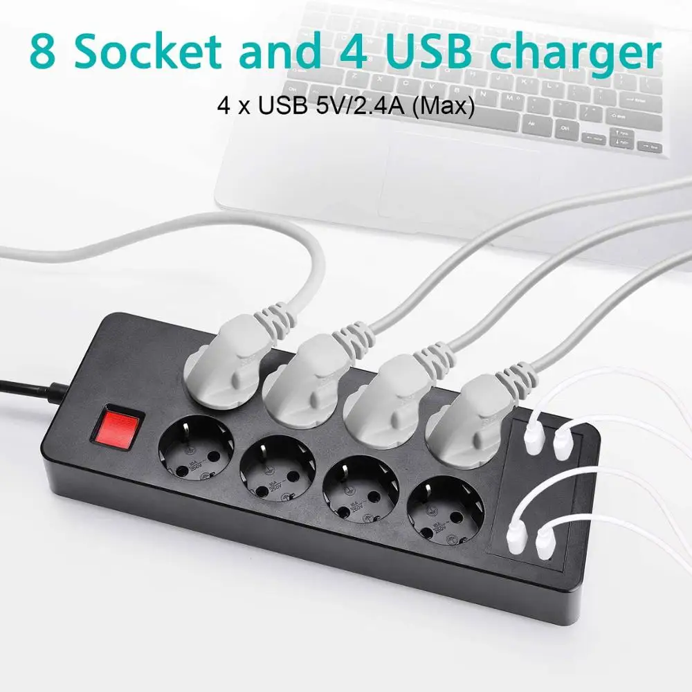 ZoeRax Мощность пропилен-каучука прокладки с 8 розетки и 4 USB электрическая розетка
