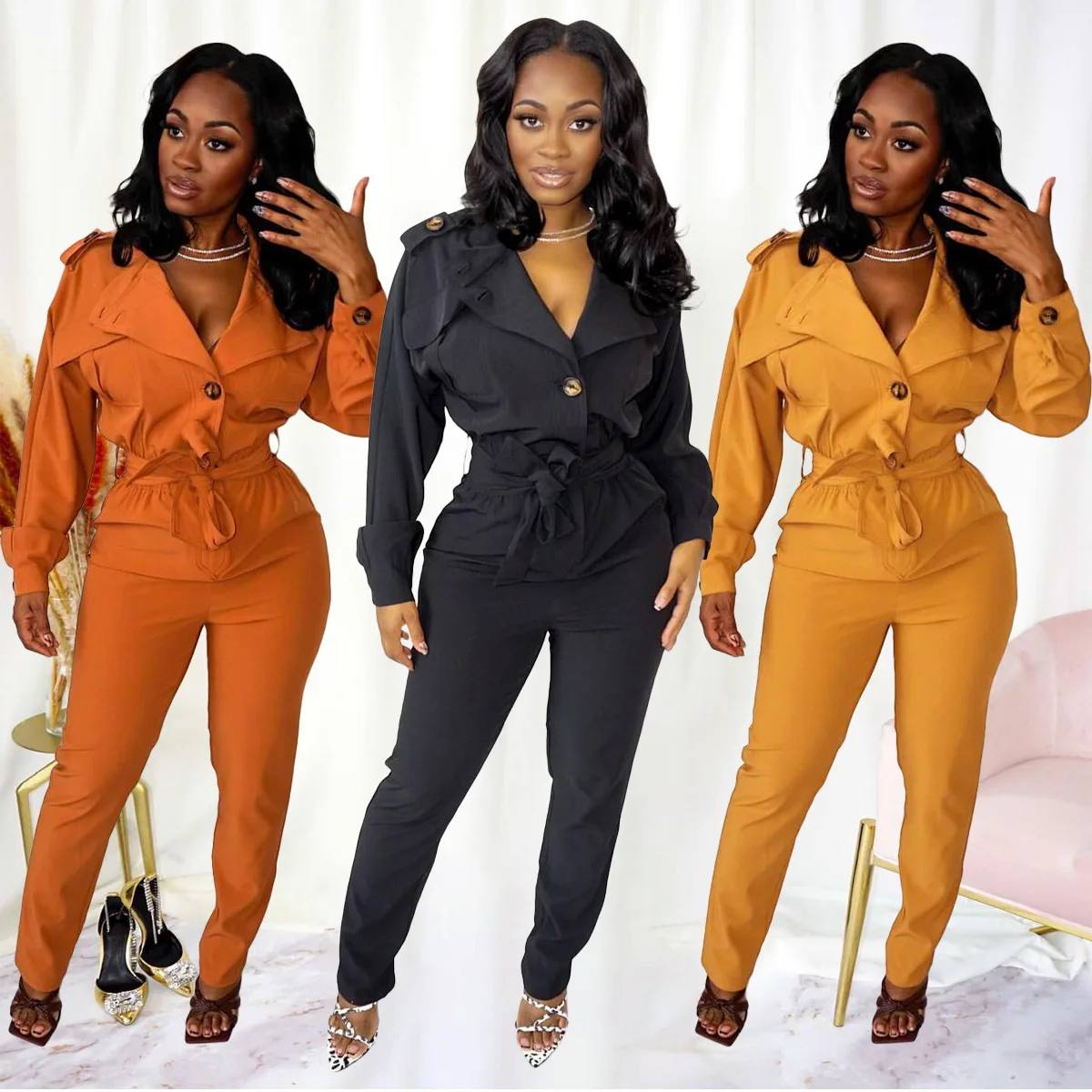Solid Turn Down Collar Single breasted Womens Jumpsuit Casual Long Sleeve With Sashes Bandage Pencil Pants One Piece Overalls
Solid Turn Down Collar Single breasted Womens Jumpsuit Casual Long Sleeve With Sashes Bandage Pencil Pants One Piece Overalls