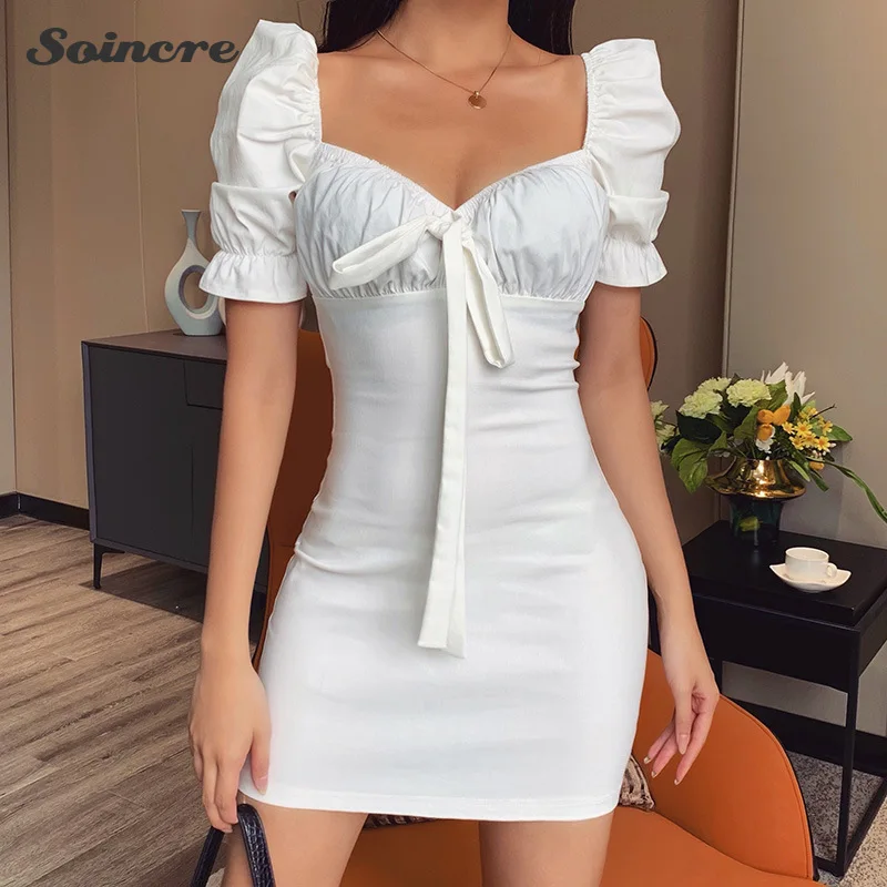 2021 Summer New Solid Color Slim Sexy Low-cut Bow Tie Dress Temperament Square Neck Short Puffy Sleeve Elegant Party Club Dress
2021 Summer New Solid Color Slim Sexy Low-cut Bow Tie Dress Temperament Square Neck Short Puffy Sleeve Elegant Party Club Dress