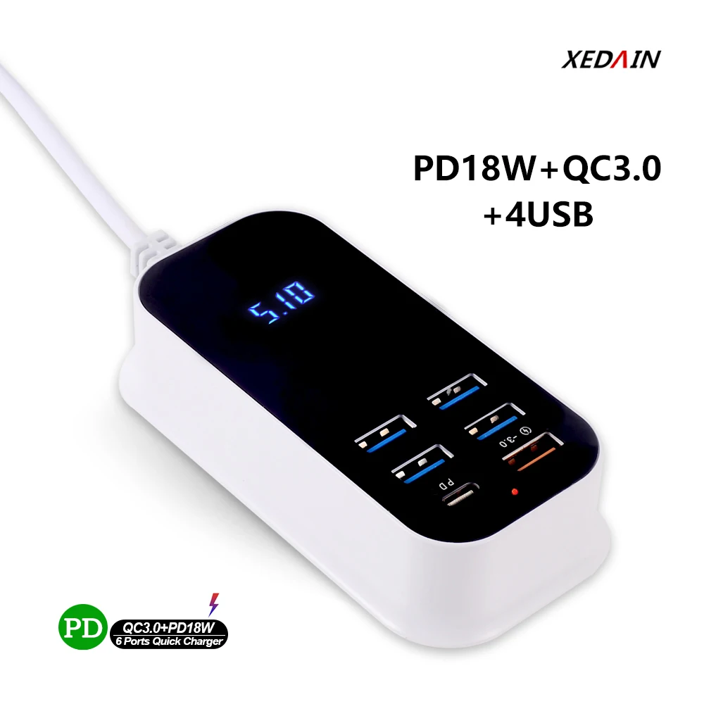 Зарядное устройство PD USB C с цифровым дисплеем для быстрой зарядки 6 портами